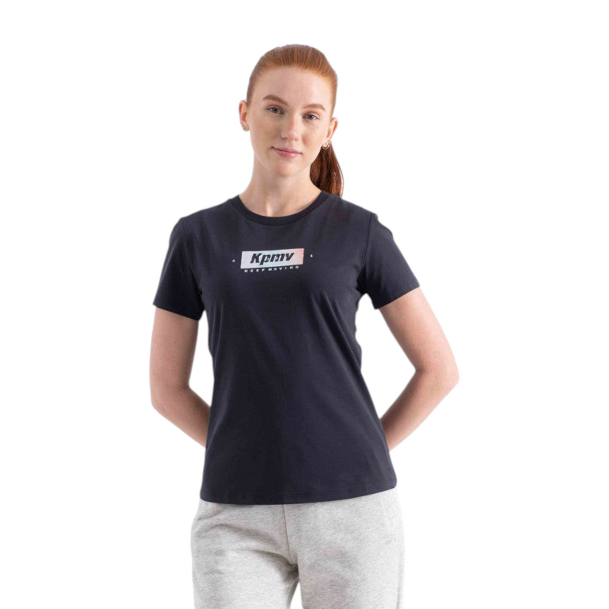 FRG regular fit black cotton blend t-shirt with Kpmv graphic print worn by a woman