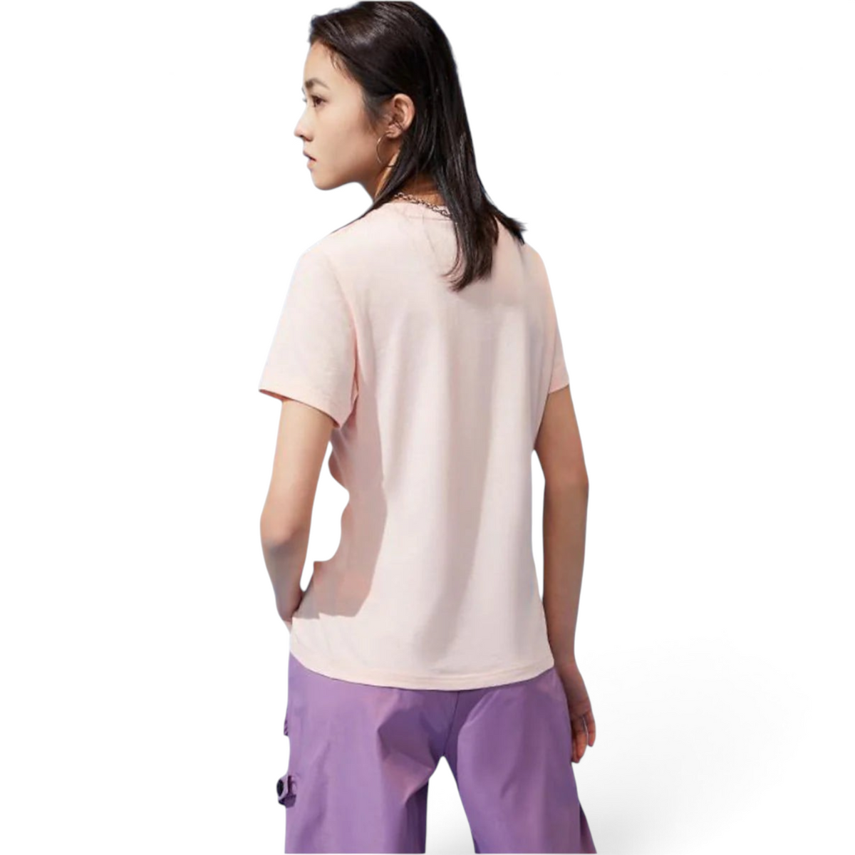 FRG light pink short-sleeve t-shirt worn by a woman, back view, isolated on white background