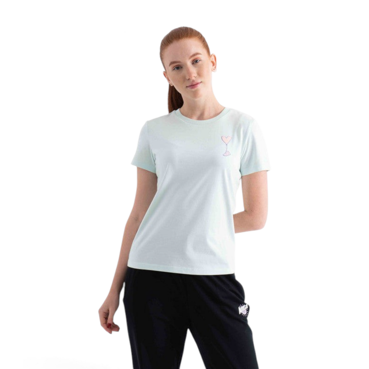 FRG regular fit light green cotton-blend t-shirt with a small pink heart graphic on the chest worn by a model
