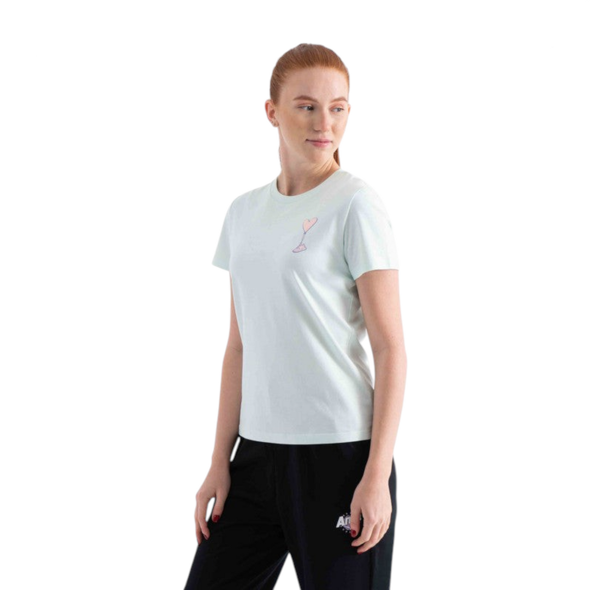 FRG regular fit light green cotton blend t-shirt with a small heart graphic on the chest worn by a woman