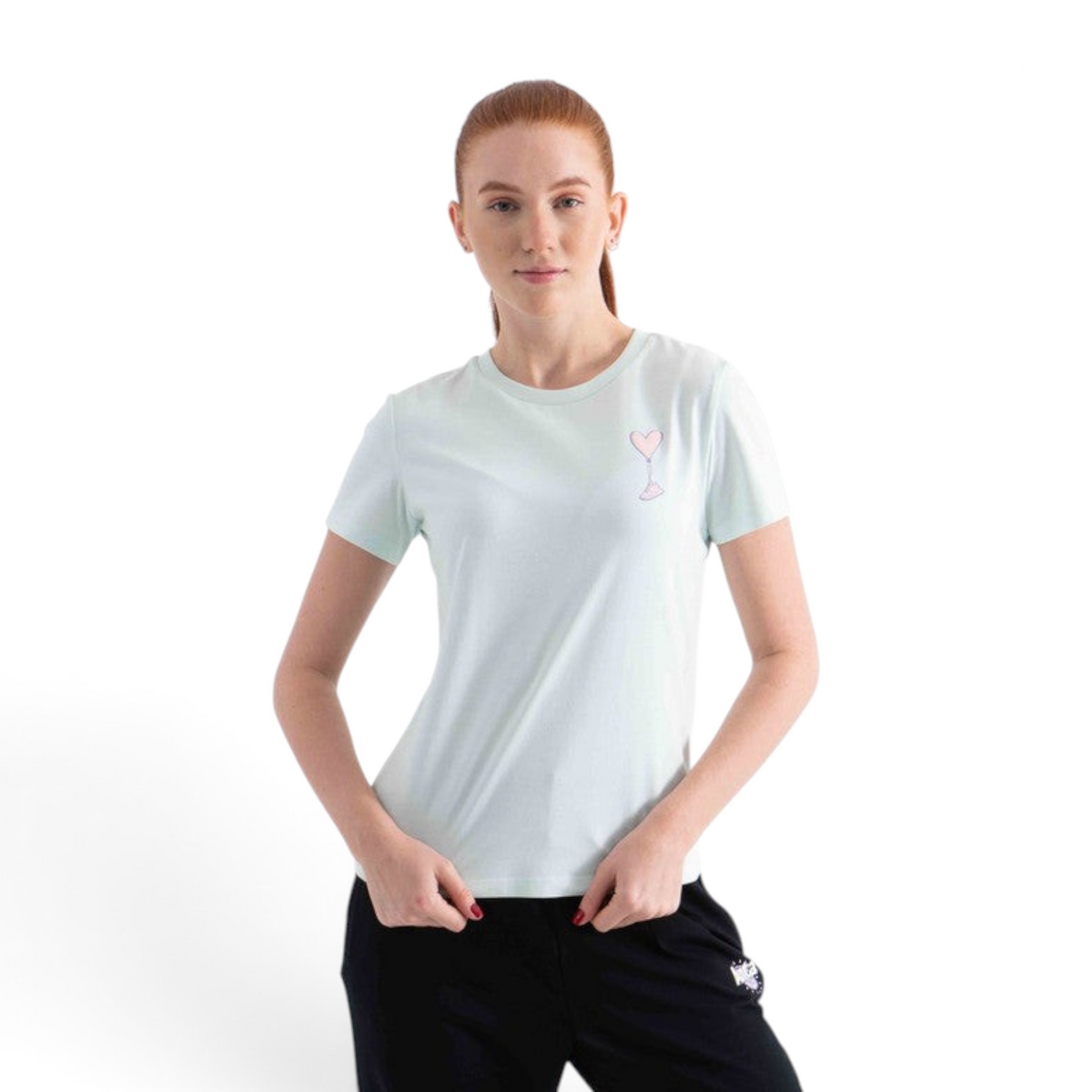 FRG regular fit light green cotton blend t-shirt with a small pink heart graphic on the chest worn by a model