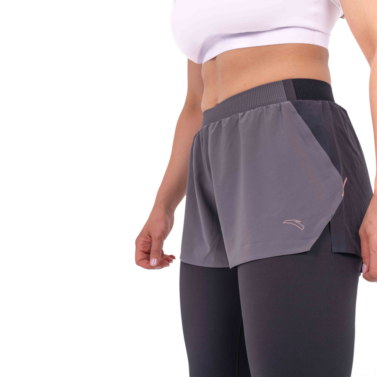 FRG slim fit athletic track shorts with integrated leggings in charcoal grey, made from polyester and spandex blend.
