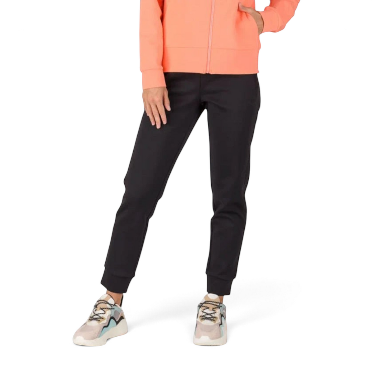 FRG ANTA A-Sports black knit track pants with a flattering fit and cuffed ankles worn by a model