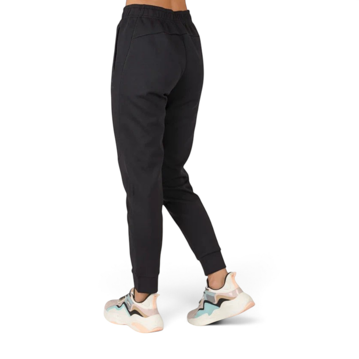 FRG ANTA A-Sports black knit track pants with a tapered fit and elastic cuffs, shown from a rear angle.
