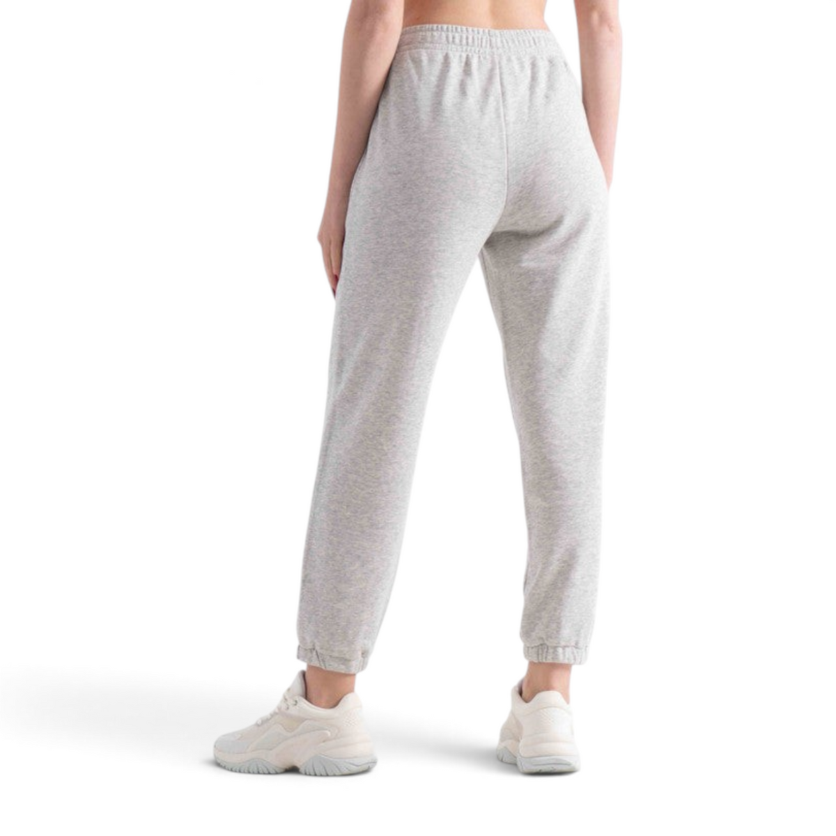 FRG knit track pants in light grey featuring an elasticated waistband and cuffed ankles, back view