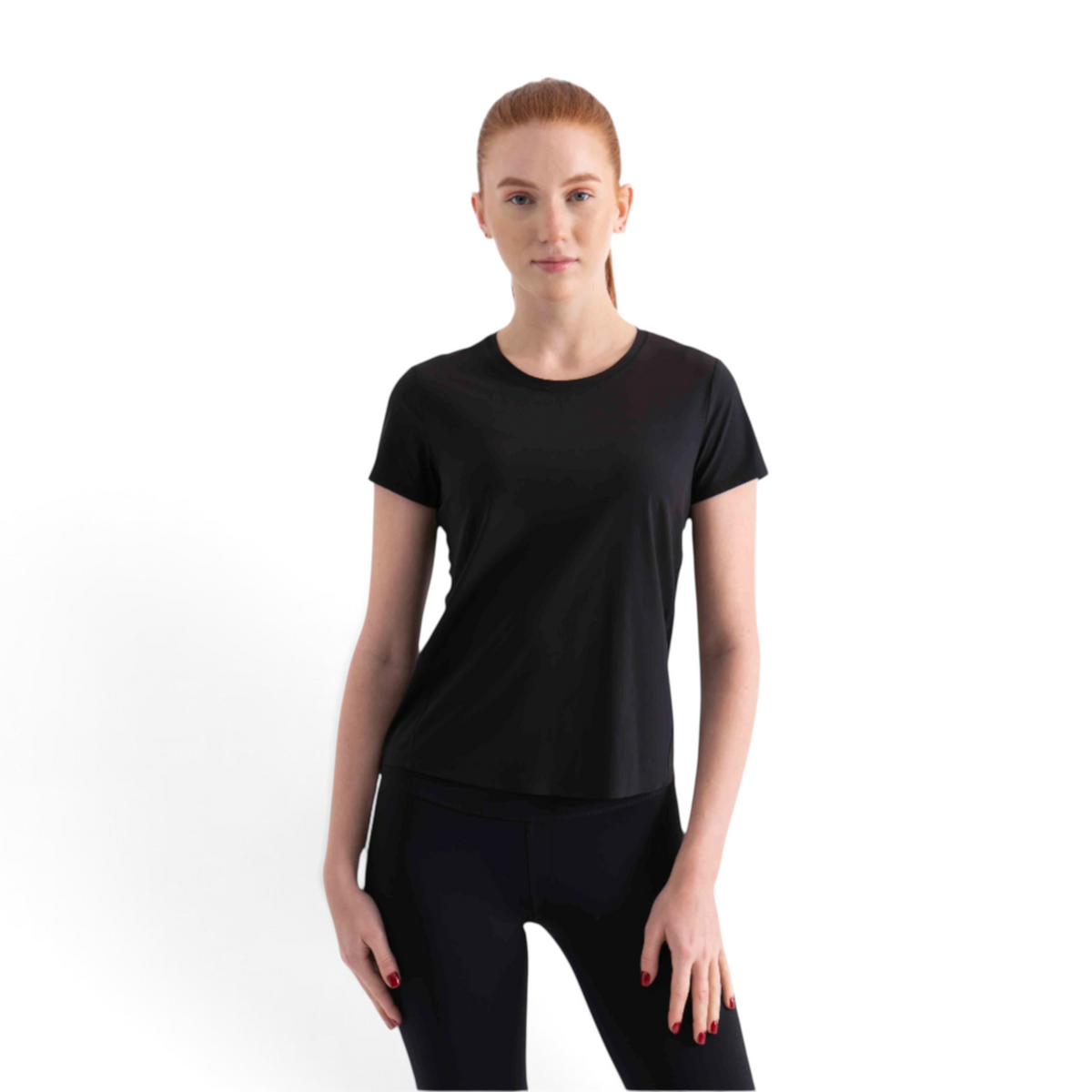 A woman with red hair wearing a black FRG short sleeve crew neck t-shirt against a white background.