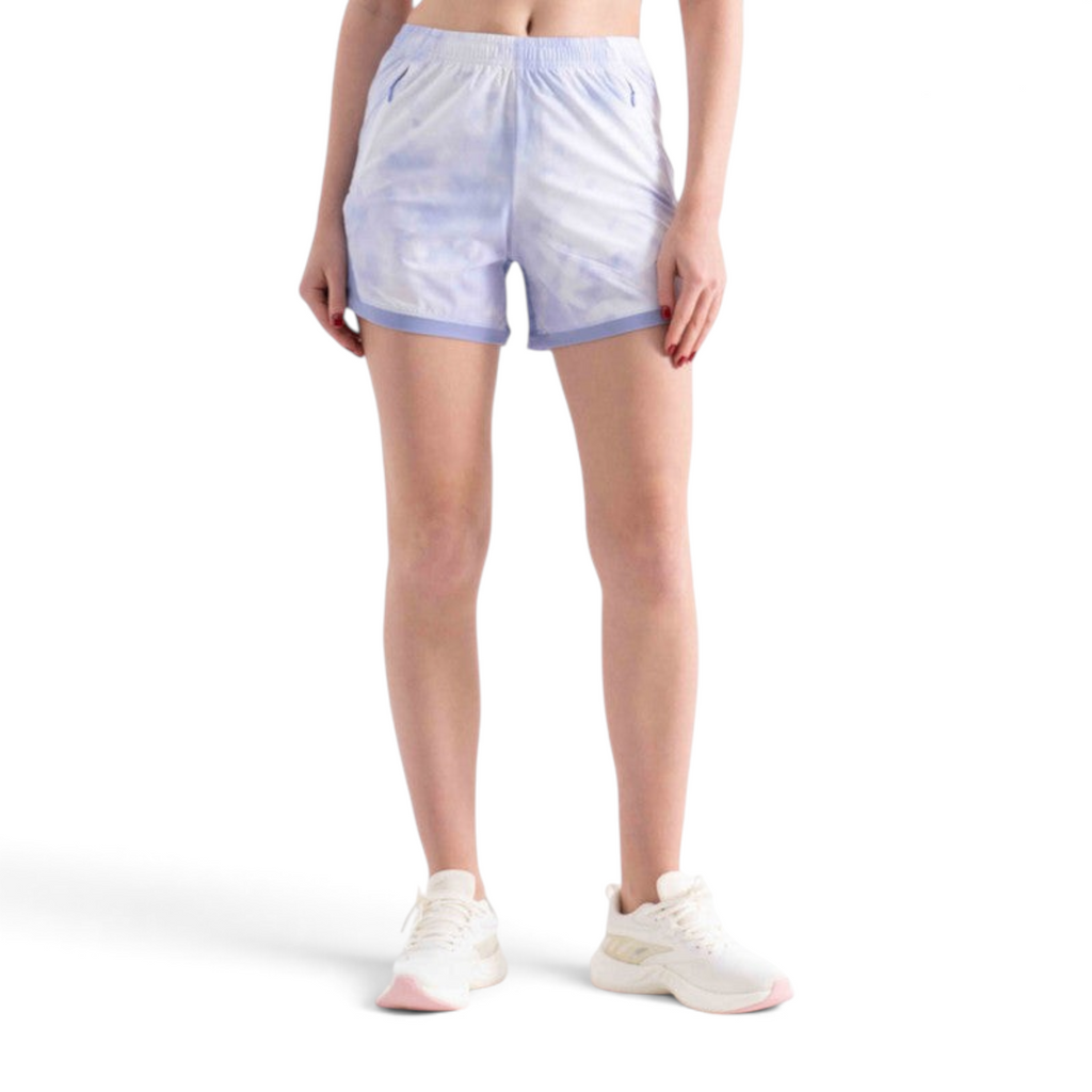 FRG women's athletic shorts in a light blue and white tie-dye pattern with an elastic waistband