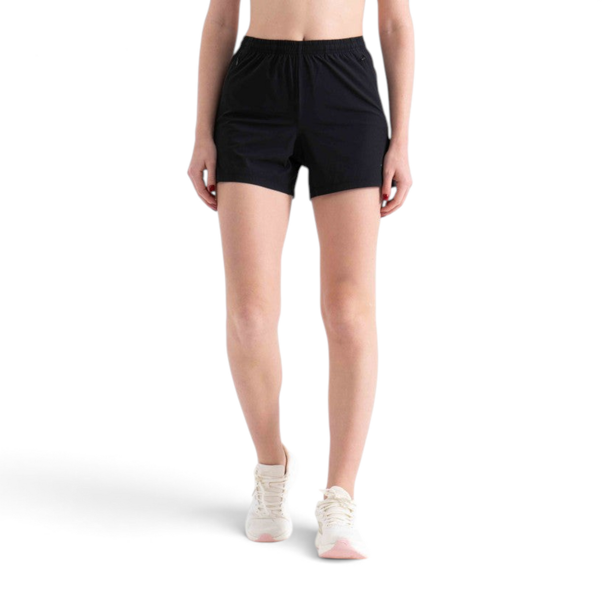 FRG black athletic shorts on a model, featuring a comfortable elastic waistband for active wear.