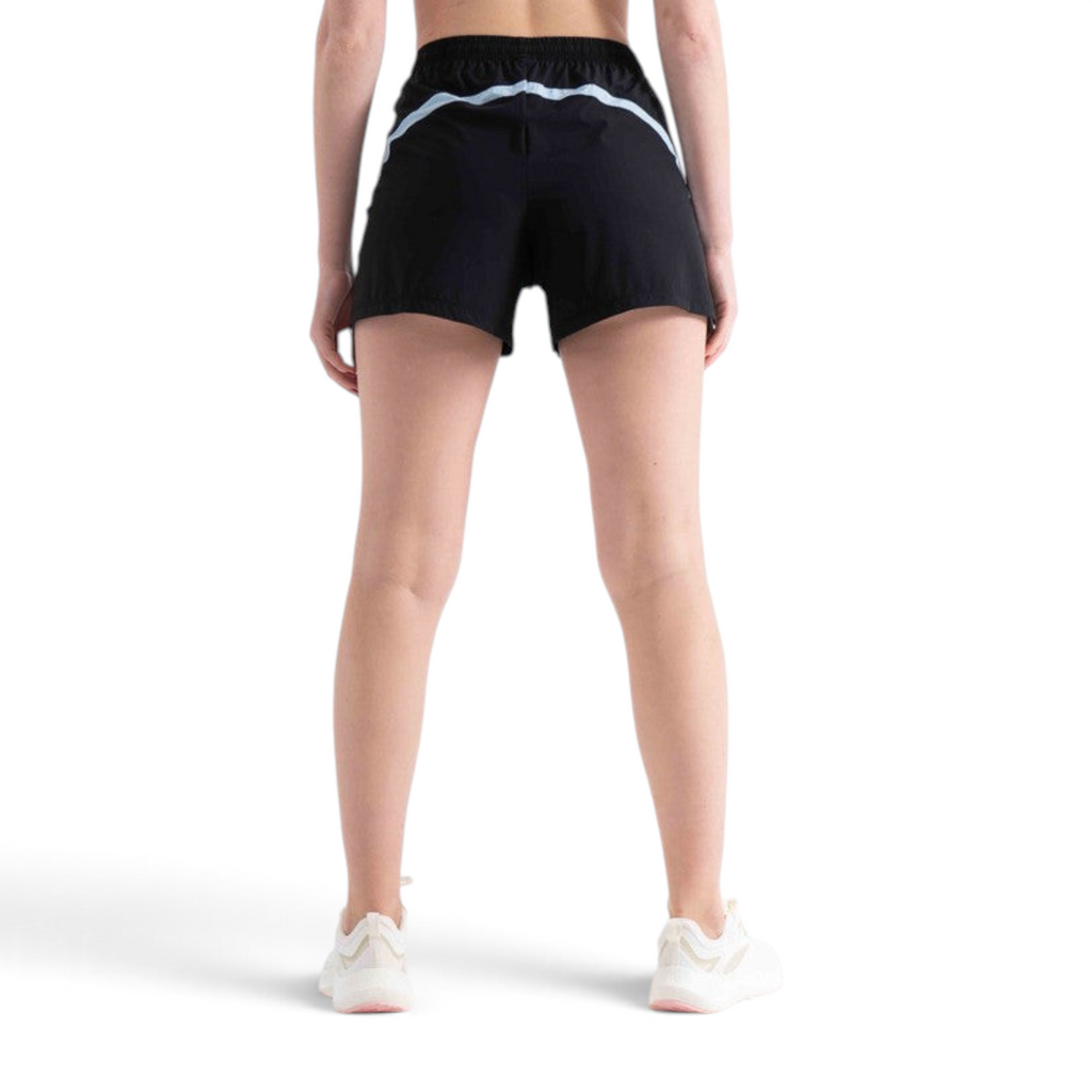 Back view of FRG black athletic shorts with light blue trim detail worn by a person with white sneakers