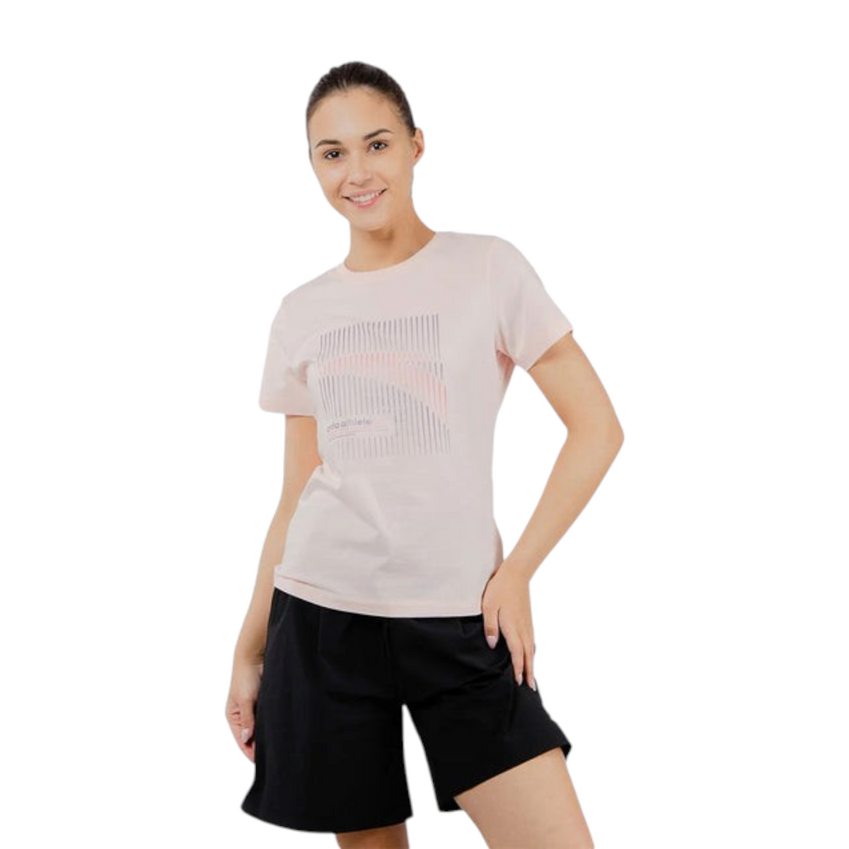 FRG ANTA women's short sleeve training t-shirt in fog rose pink with graphic print, worn with black athletic shorts.