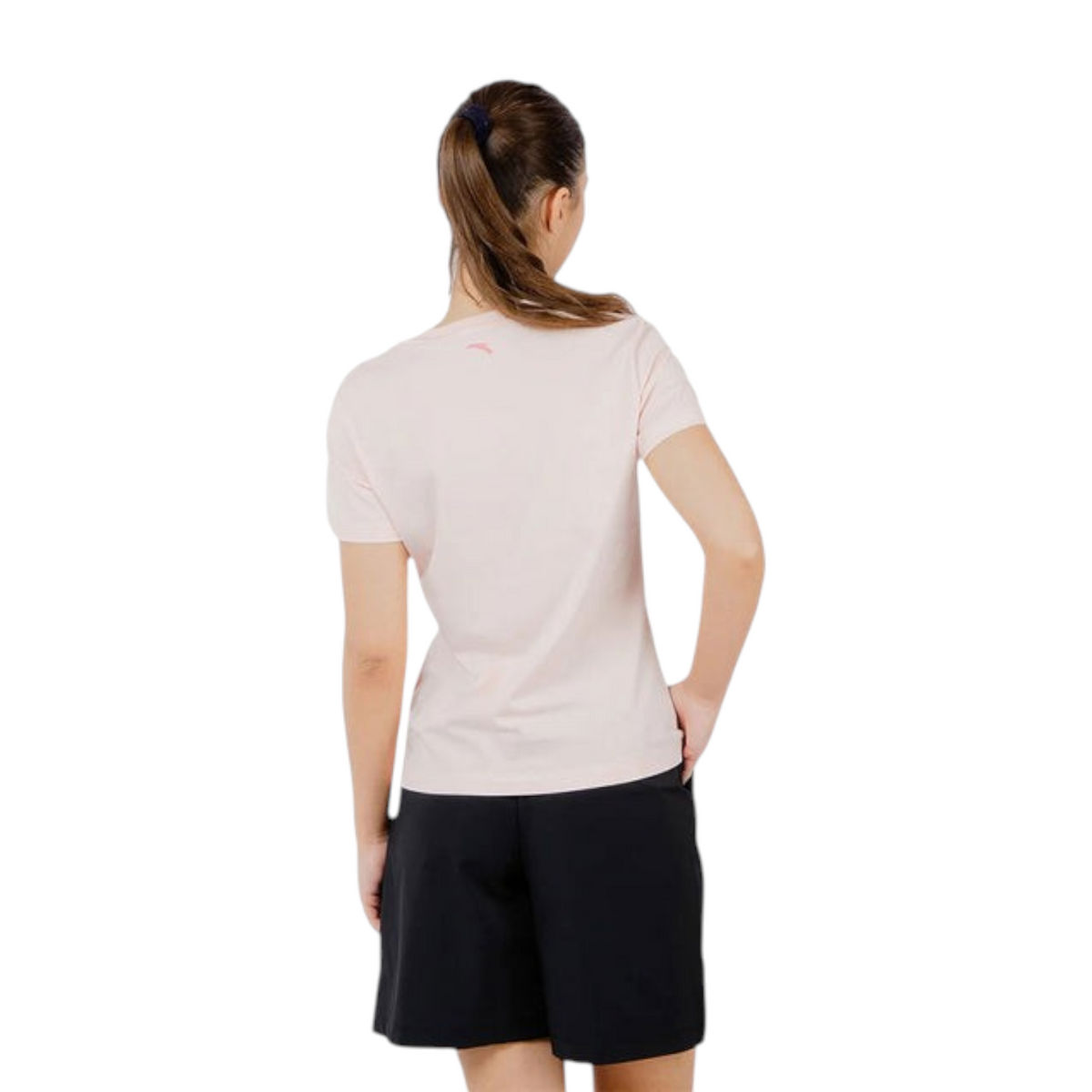 FRG ANTA fog rose pink short sleeve cotton blend training t-shirt worn by a woman, back view