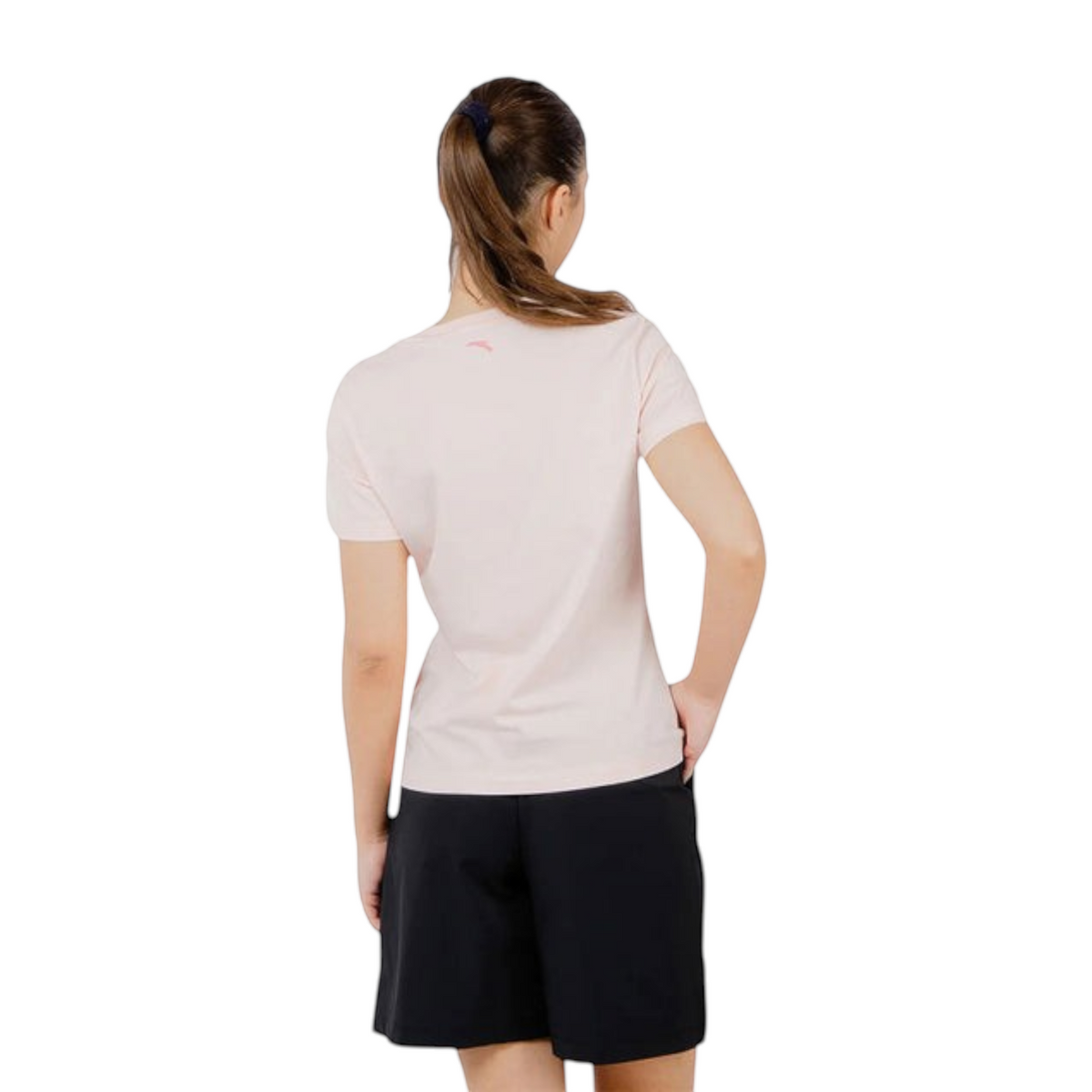 FRG ANTA fog rose pink short sleeve cotton blend training t-shirt worn by a woman, back view