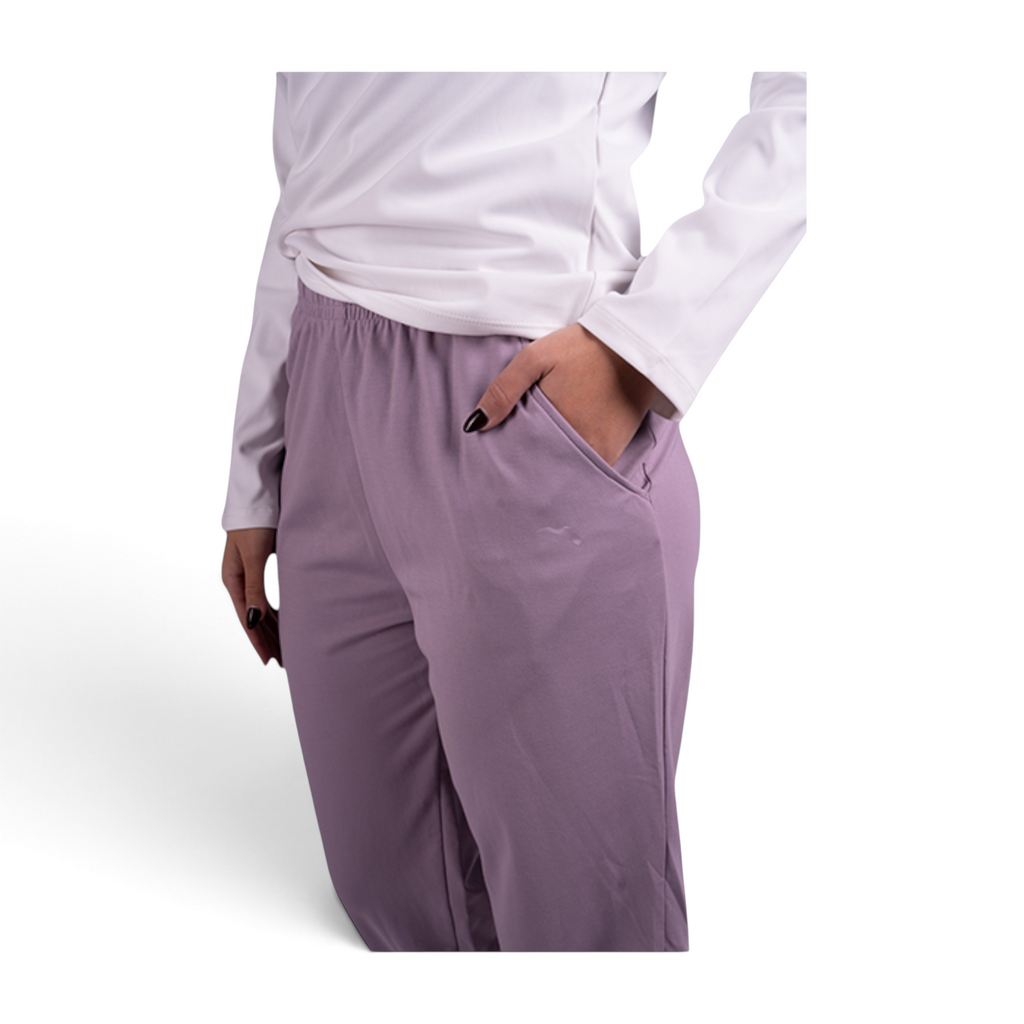 FRG knit ankle pants in a soft lavender shade featuring a comfortable elastic waistband and side pockets
