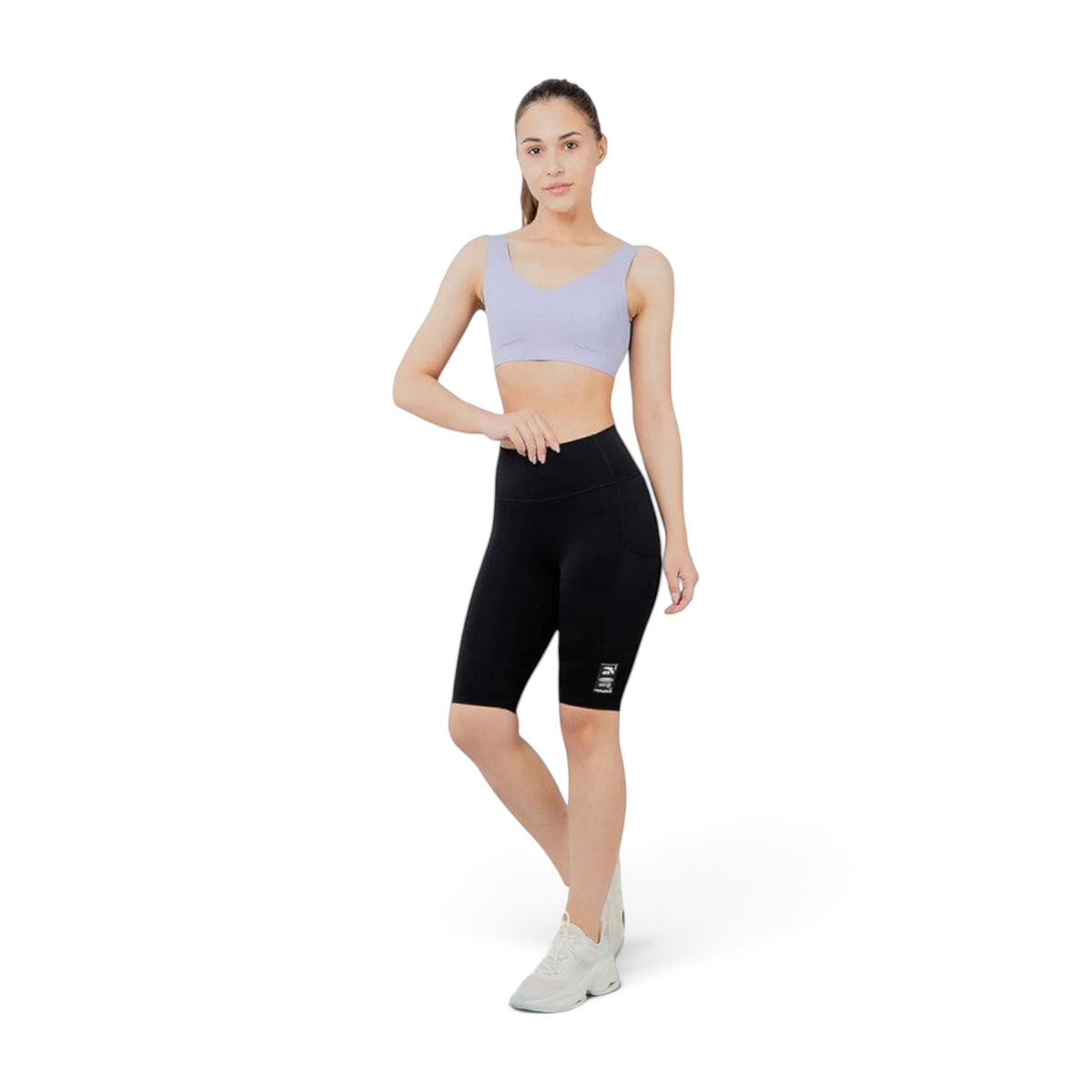 FRG Anta black high-waisted cycling shorts with a snug fit and quick-drying fabric worn by a female model