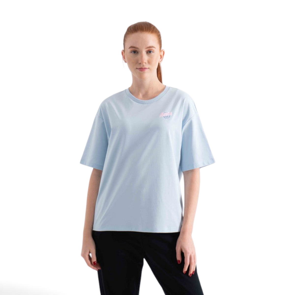 FRG light blue short sleeve cotton t-shirt with small pink logo on chest worn by a woman