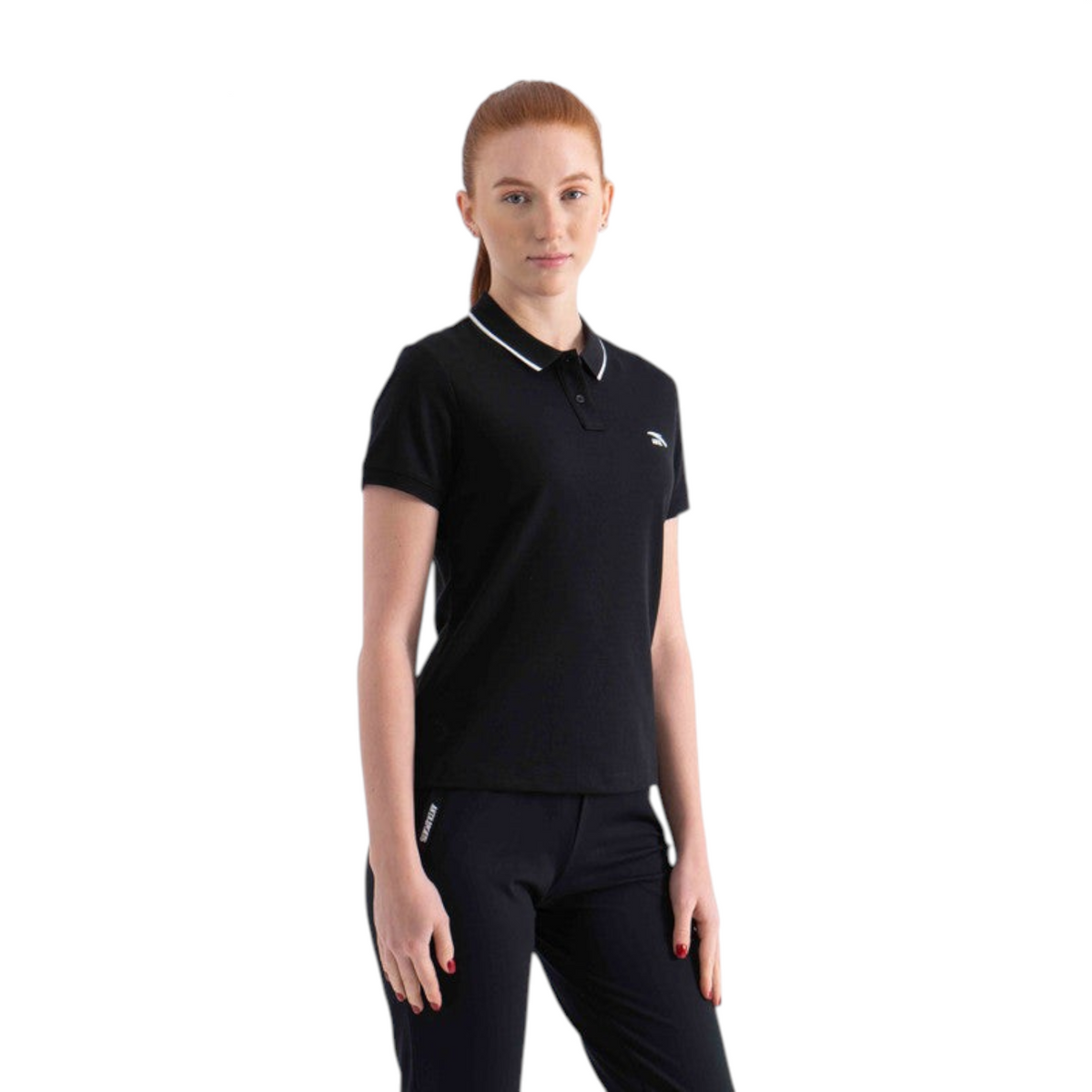 FRG black short sleeve polo shirt with white collar trim worn by a woman against a white background
