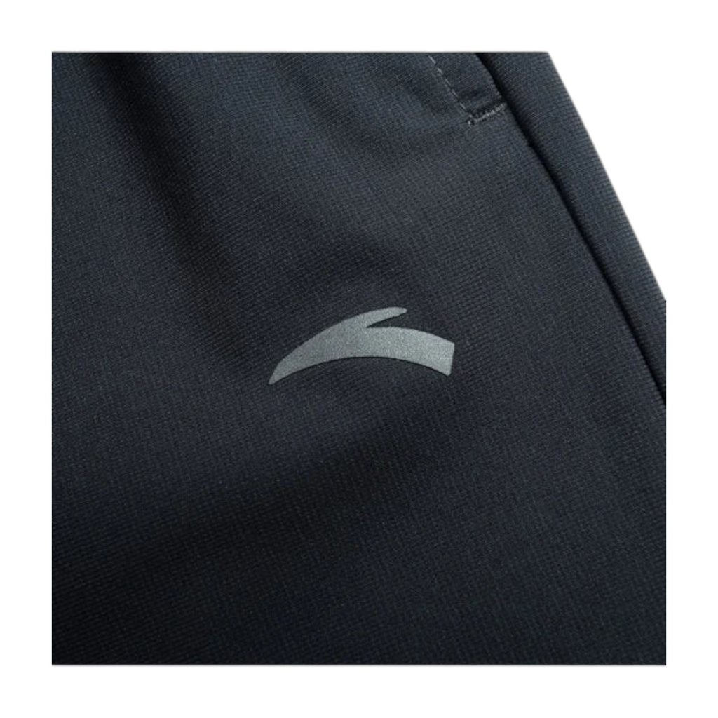 FRG Anta women's straight-leg running pants in black stretch knit fabric featuring a reflective logo detail