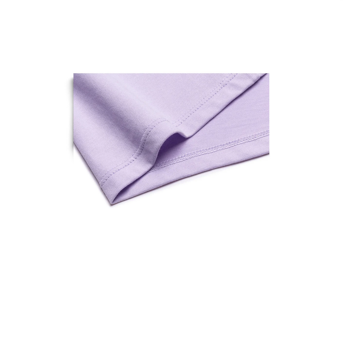 Close-up of the hem on a light purple FRG SS TEE showing quality cotton fabric and neat stitching detail.
