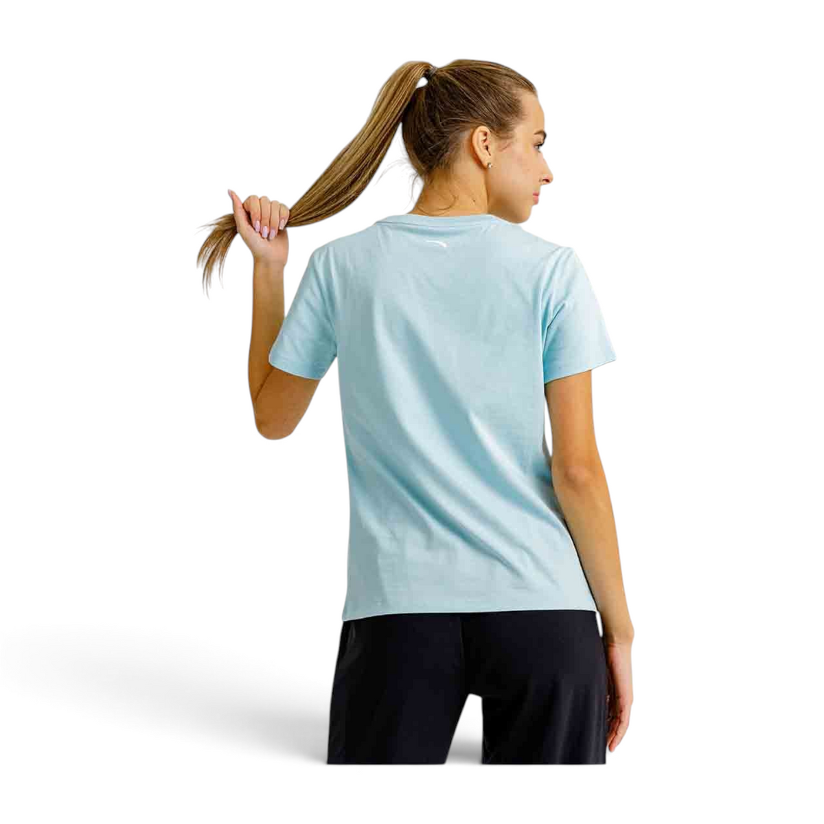 FRG light blue short sleeve t-shirt worn by a woman seen from the back against a plain studio background