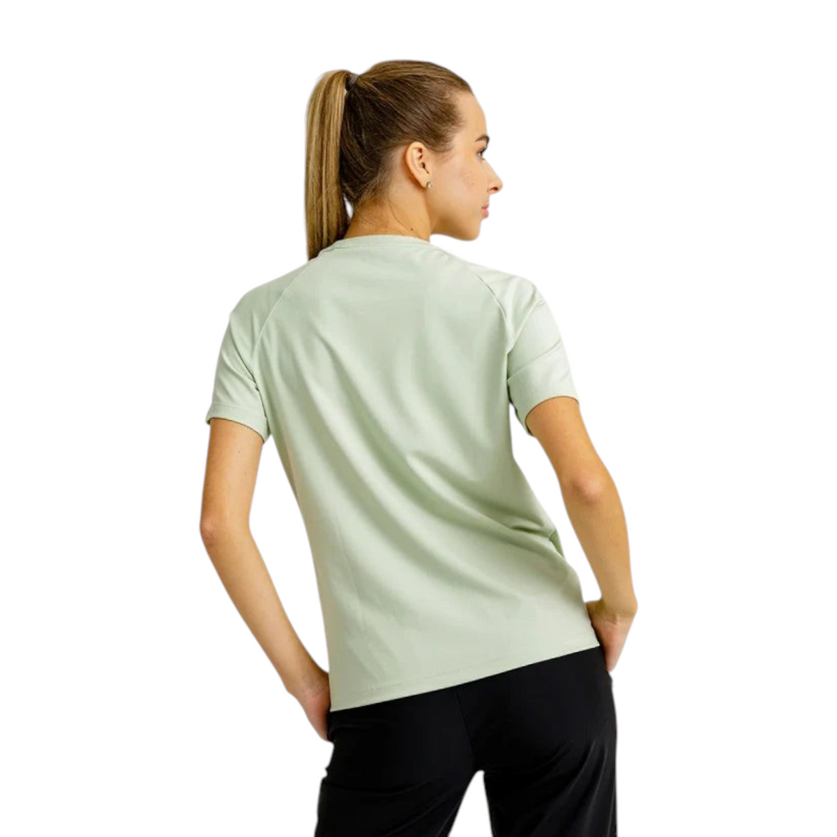 FRG ANTA A-Chill Touch green short sleeve training t-shirt worn by a woman from the back view