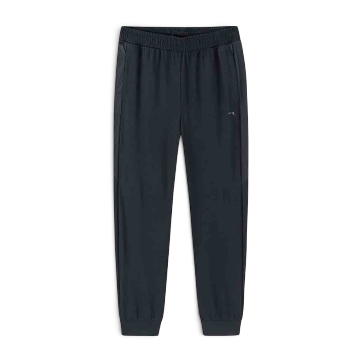 FRG black knit ankle pants with an elastic waistband and cuffed hems for a comfortable athletic fit.