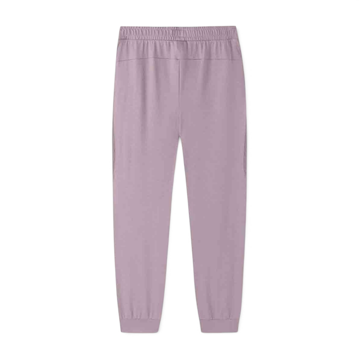 FRG knit ankle pants in a soft mauve colour with an elasticated waistband and cuffed hems, back view.