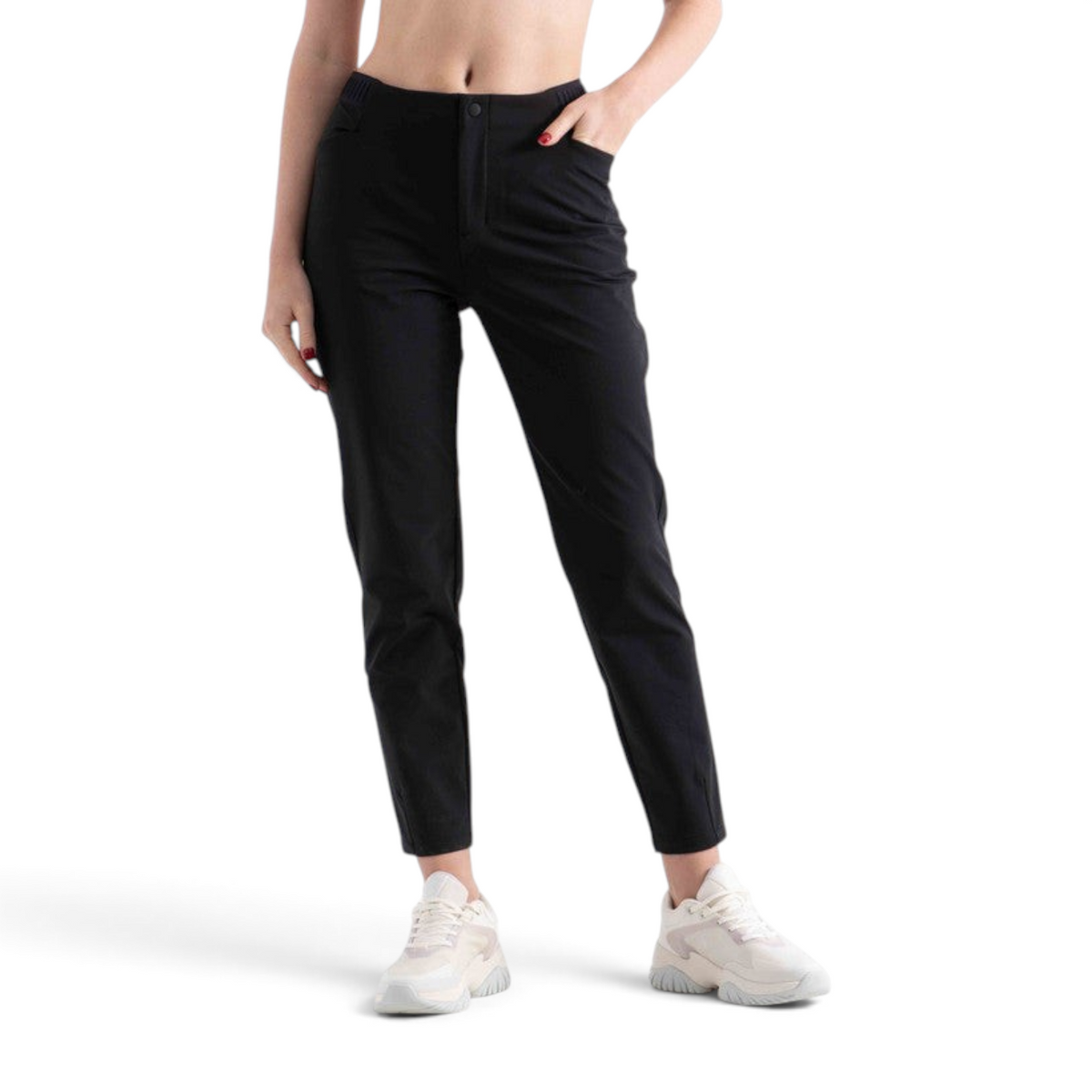 FRG women's black woven track pants for cross training, featuring a slim fit and elasticated waistband.