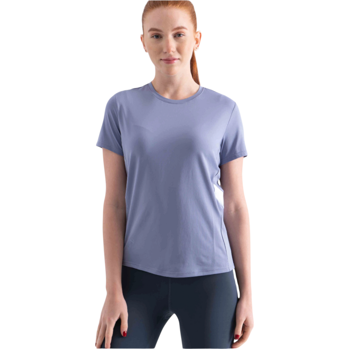 FRG women's short sleeve crew neck t-shirt in periwinkle blue, worn by a red-haired model against a white background.