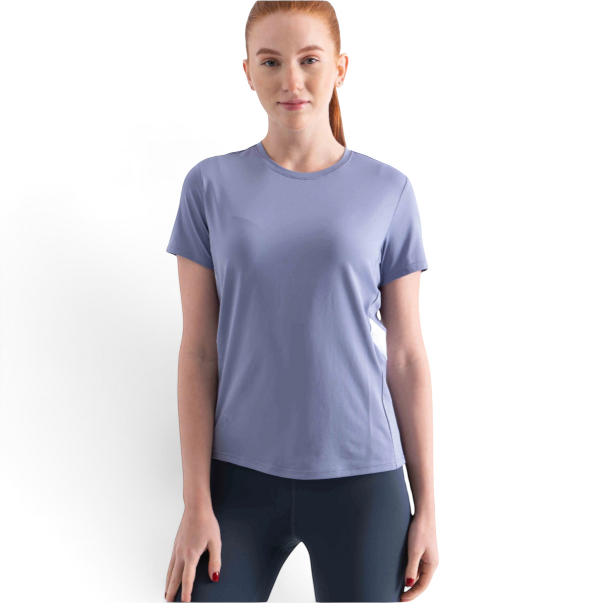 FRG women's short sleeve crew neck t-shirt in periwinkle blue, worn by a red-haired model against a white background.