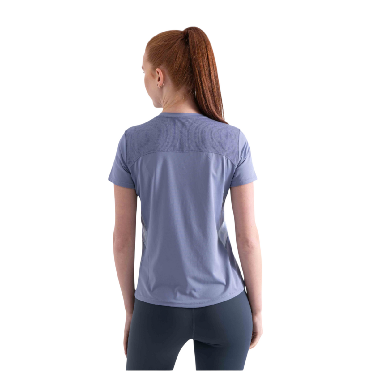 Woman wearing a FRG blue short-sleeve athletic tee with mesh back panel detail, viewed from the back