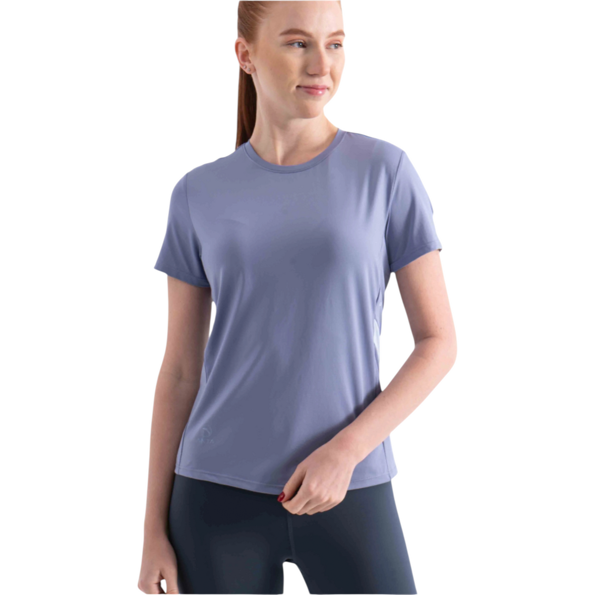 FRG women's light purple short sleeve athletic t-shirt with a crew neck, worn by a model against a white background.