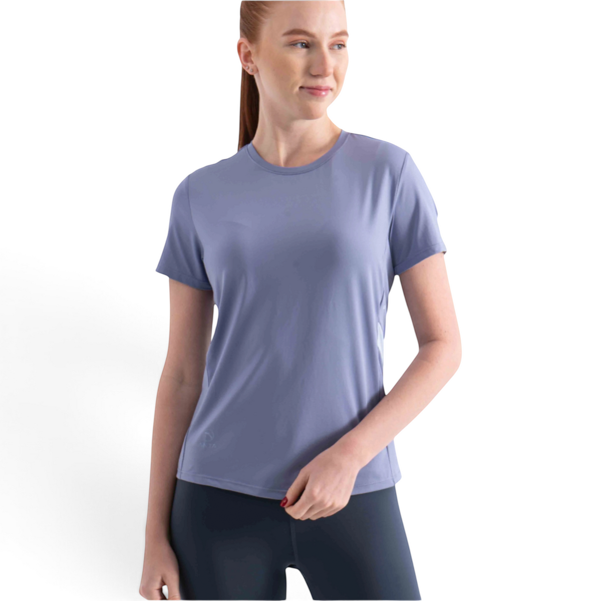 FRG women's light purple short sleeve athletic t-shirt with a crew neck, worn by a model against a white background.