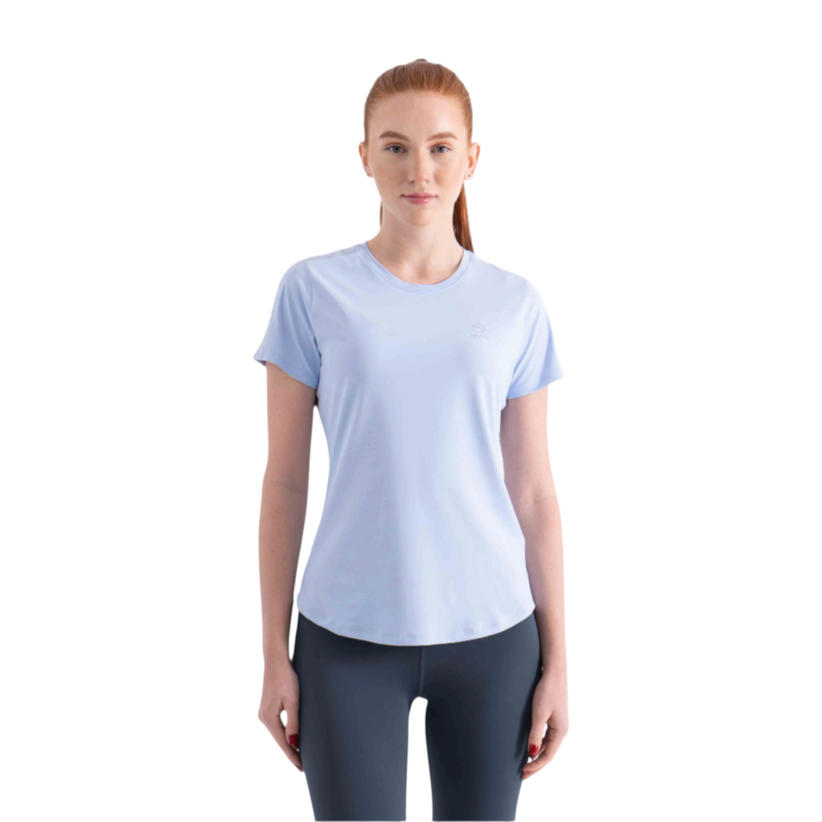 FRG light blue short sleeve athletic t-shirt worn by a woman with red hair against a white background