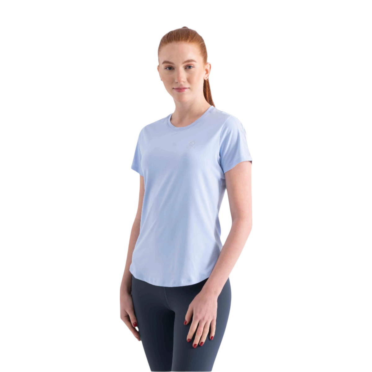 FRG light blue short sleeve athletic t-shirt worn by a woman with red hair against a white background