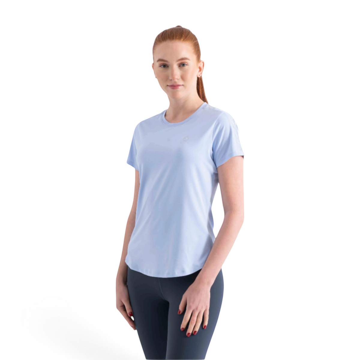 FRG light blue short sleeve athletic t-shirt worn by a woman with red hair against a white background