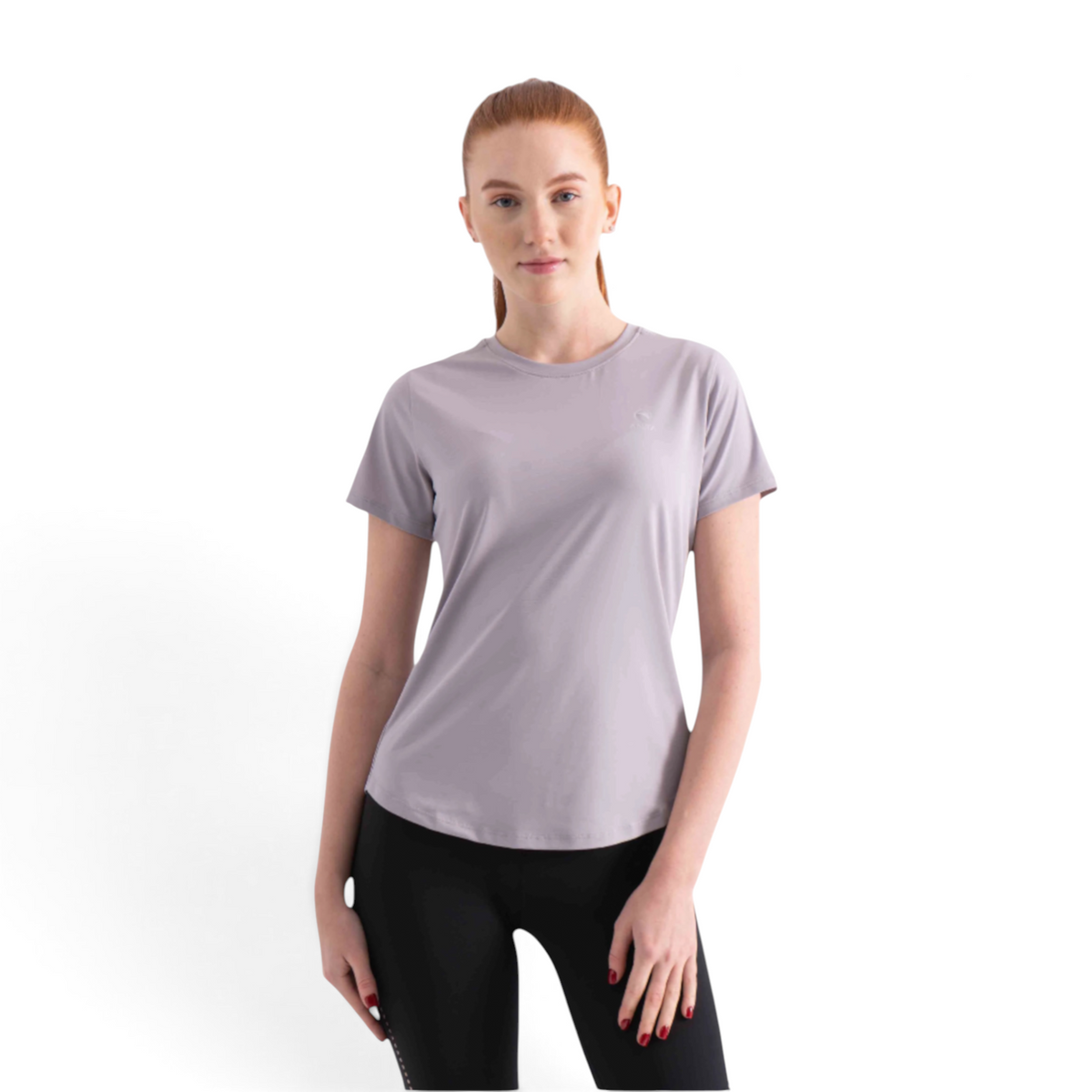 FRG women's short sleeve crew neck athletic t-shirt in light mauve, worn by a model with black leggings.