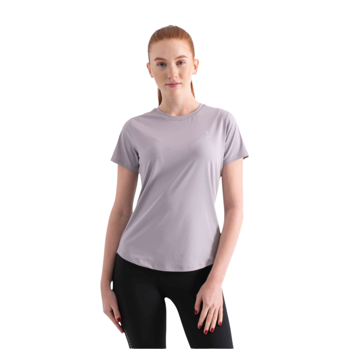 FRG women's short sleeve crew neck athletic t-shirt in light mauve, worn by a model with black leggings.
