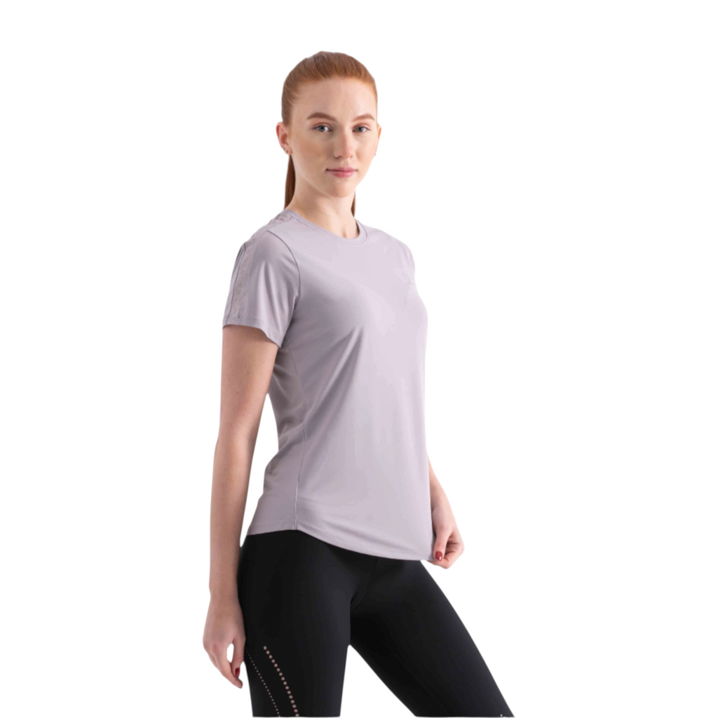 FRG women's light grey short sleeve athletic t-shirt worn by a model with a ponytail against a white background