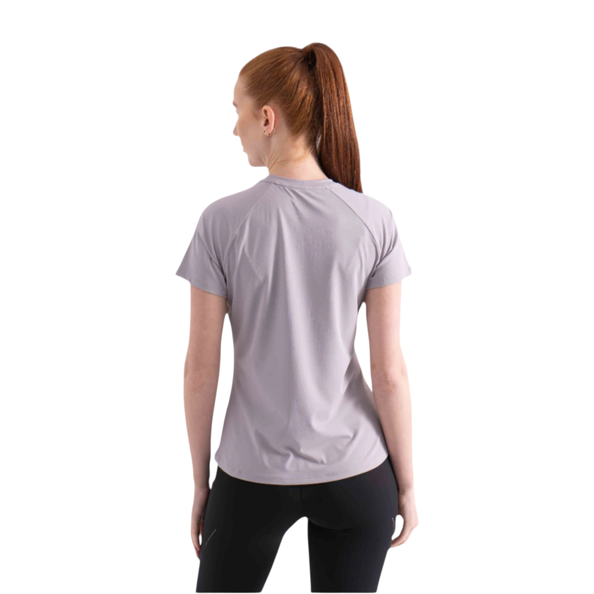 FRG women's short sleeve athletic t-shirt in light grey, back view on a model with a ponytail
