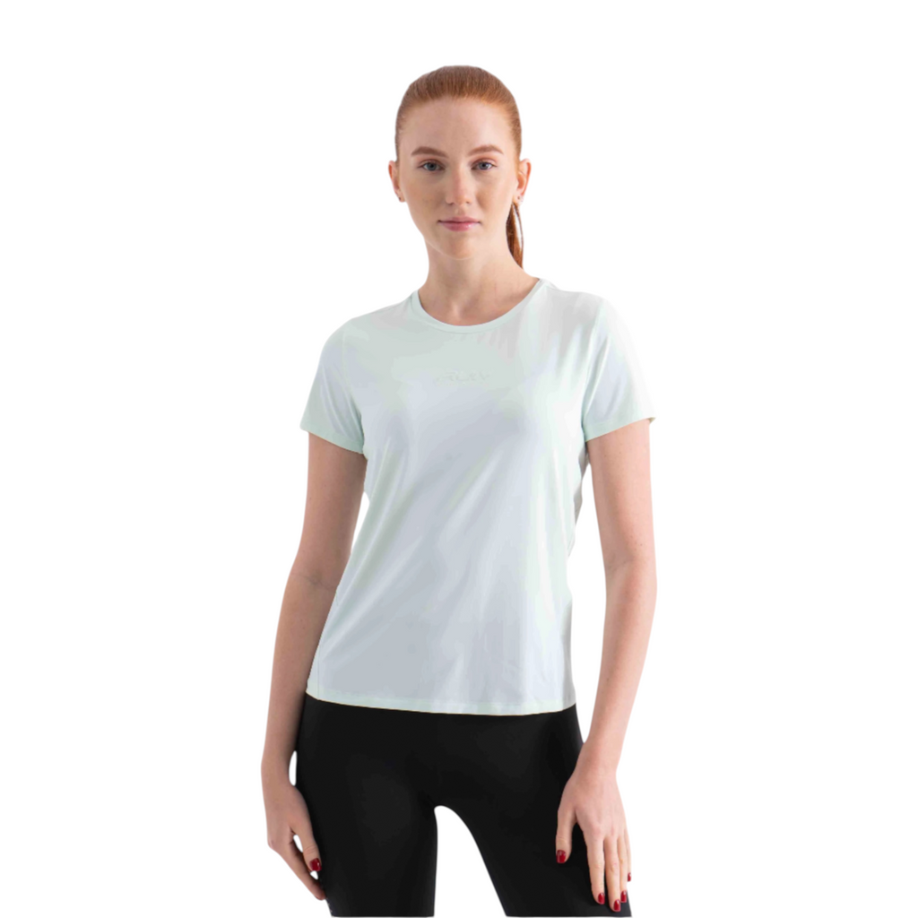 FRG short sleeve t-shirt in light mint green worn by a woman with red hair against a white background