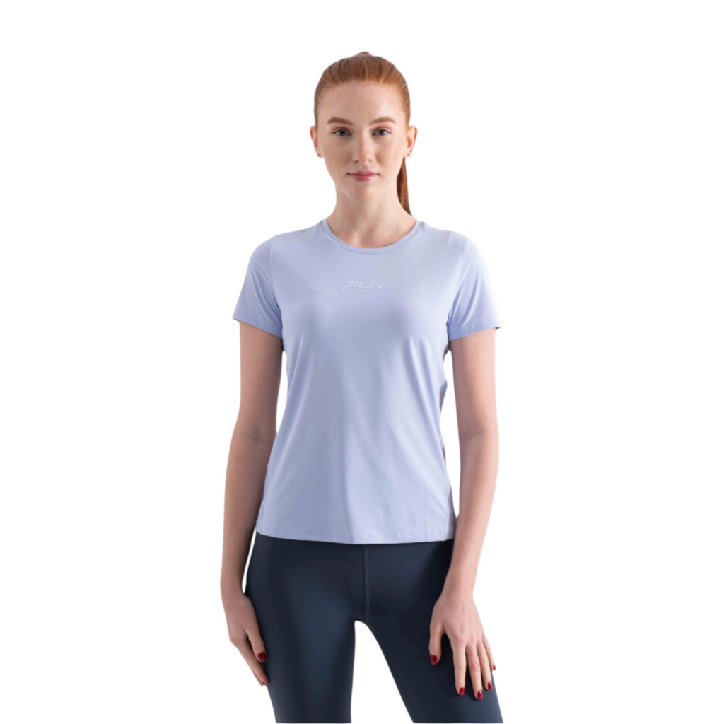 FRG light blue short sleeve athletic t-shirt with RUN graphic worn by a woman against a white background