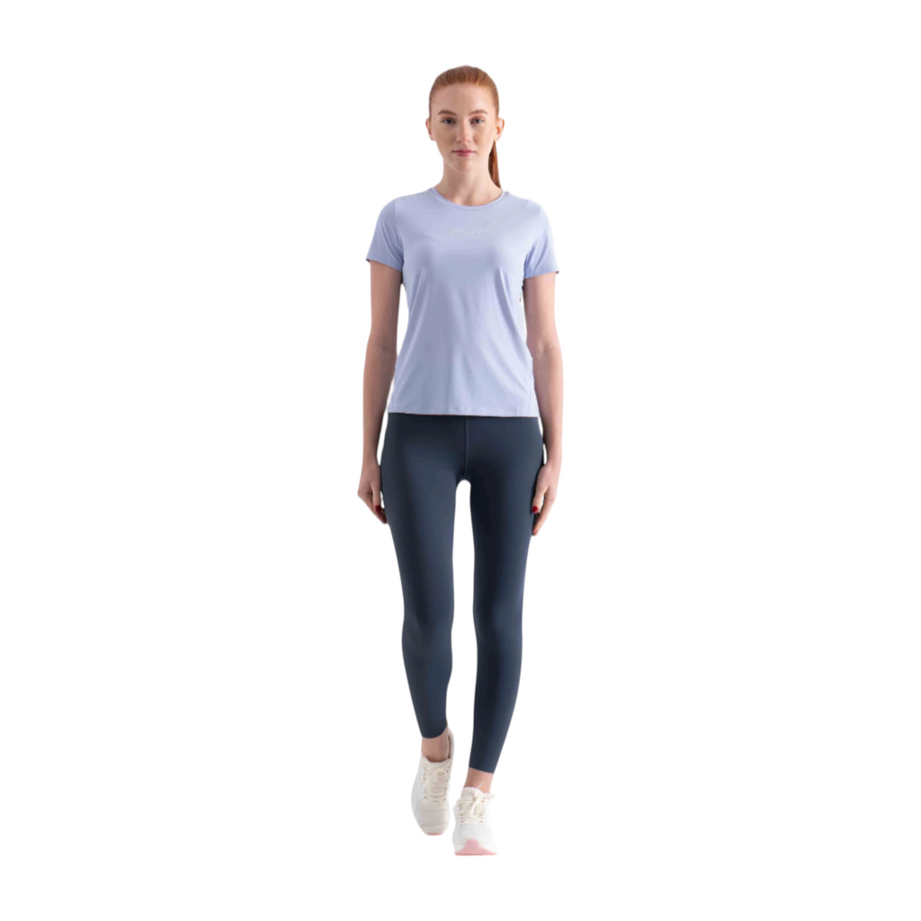 FRG model wearing a light blue short sleeve t-shirt and dark grey leggings on a white background