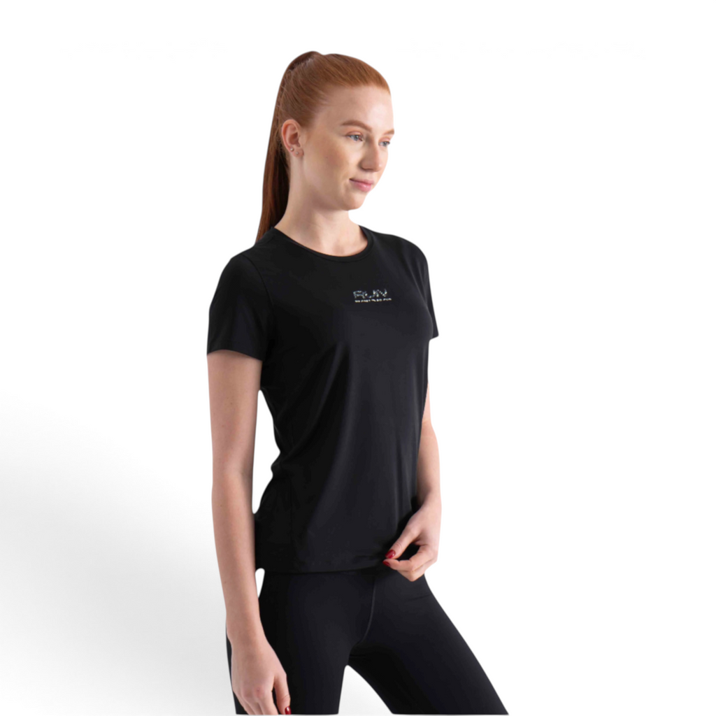 FRG black short sleeve athletic t-shirt with RUN graphic on chest worn by a woman with a ponytail