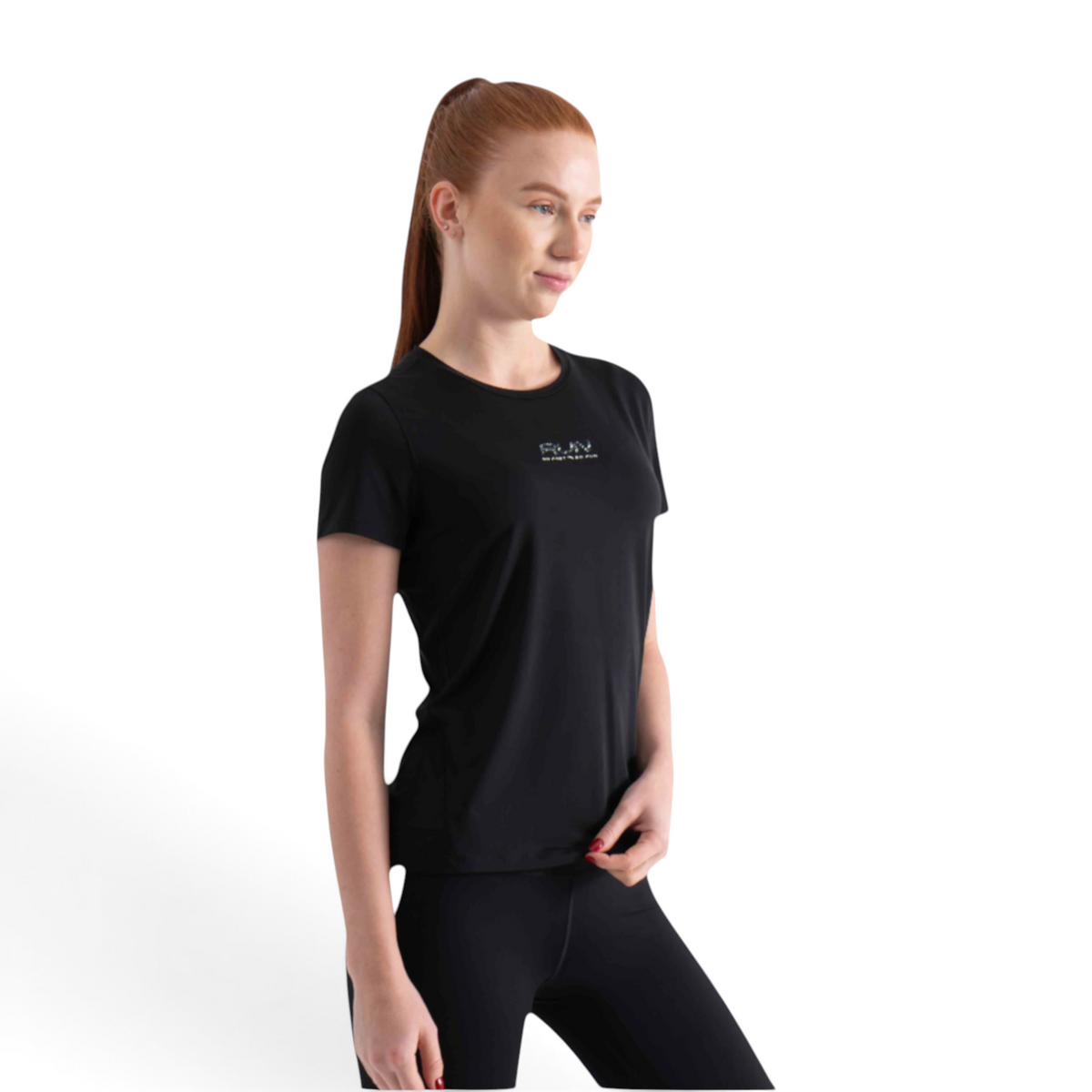 FRG black short sleeve athletic t-shirt with RUN graphic on chest worn by a woman with a ponytail