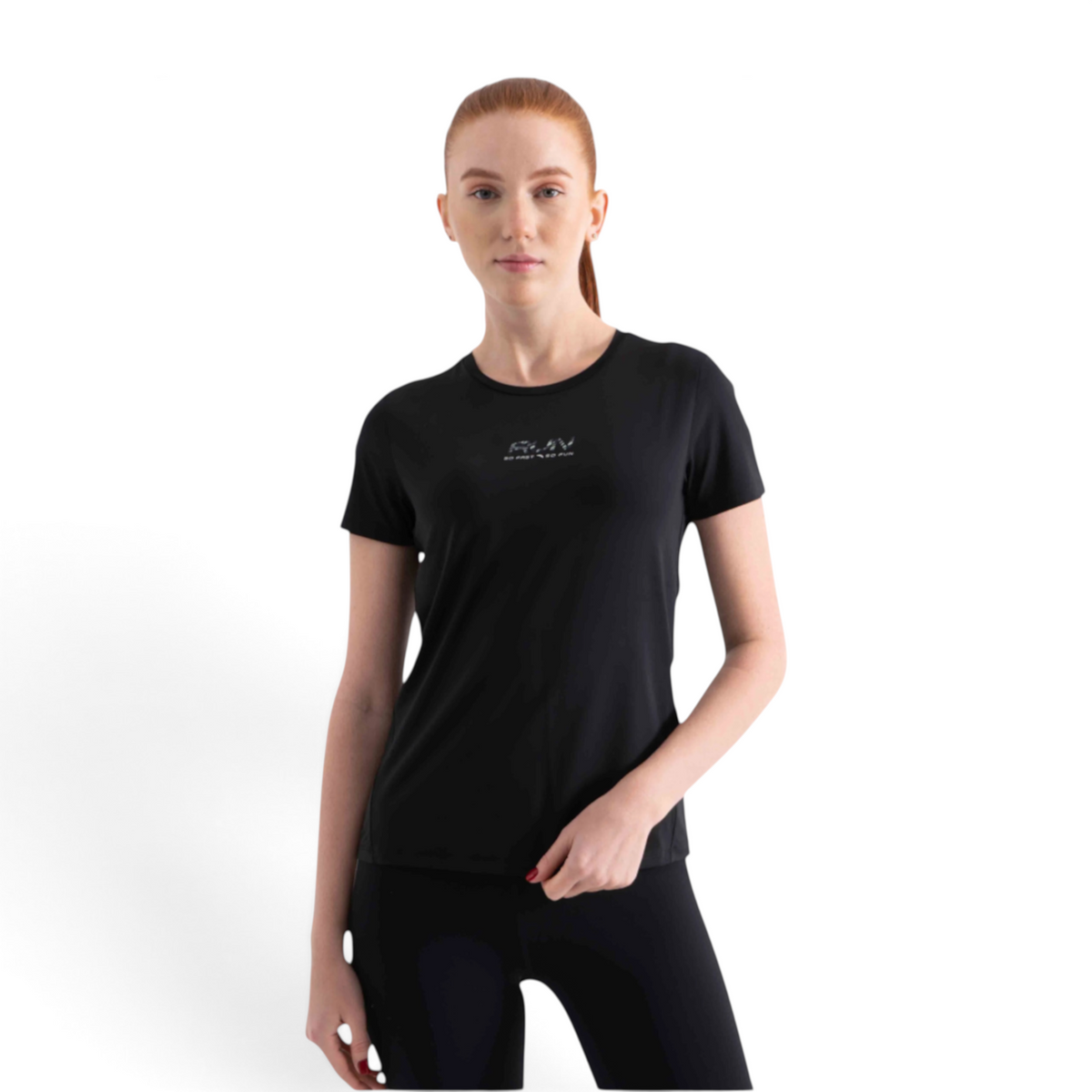 FRG black short sleeve athletic t-shirt with small white graphic print worn by a woman on a white background