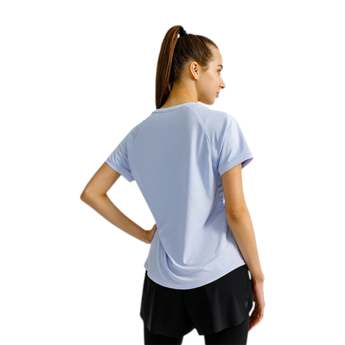 FRG ANTA purple recycled yarn short sleeve running t-shirt worn by a woman, back view showing athletic fit