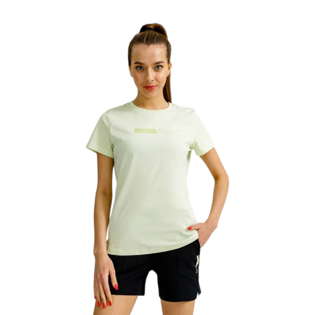 FRG ANTA women's green short sleeve cross training t-shirt in a soft cotton-polyester blend for athletic performance.