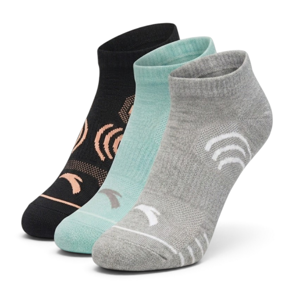 FRG ANTA women's three-pack running socks in grey, mint green, and black with moisture-wicking stretch fabric.