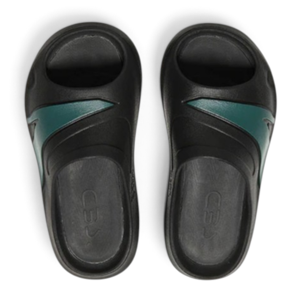 FRG Anta men's lifestyle slippers in black with green side accents, featuring a comfortable slip-on design.