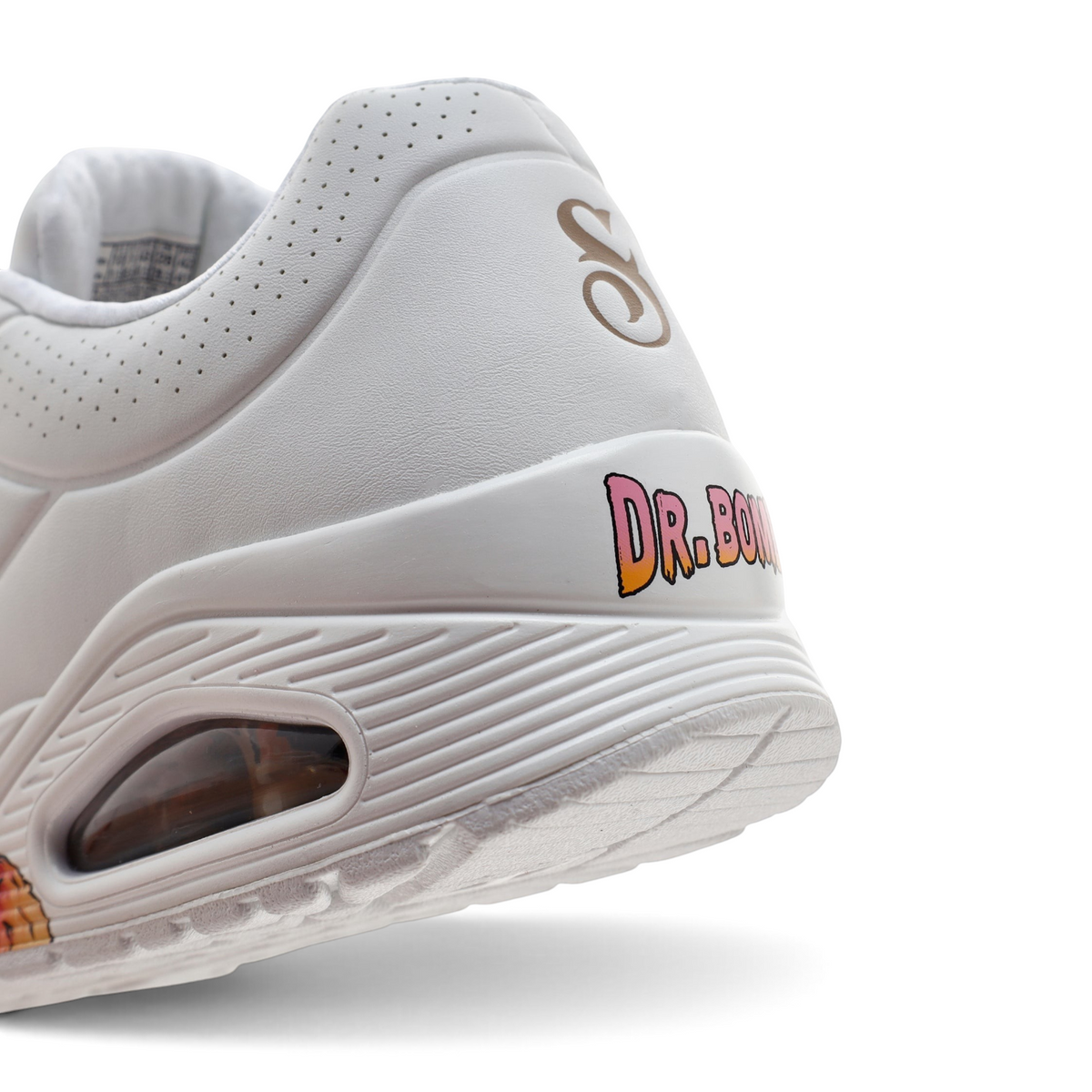 FRG UNO Dr. Bombay sneaker heel detail in white leather with a pink and orange logo and visible air cushioning unit